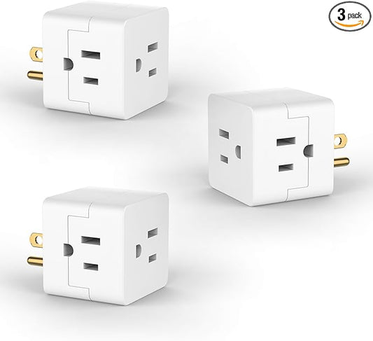 POWERCORDS 3 Outlet Cube Wall Adapter, 3 Pack, Recessed Outlet Extender, Low Profile 3 Prong Plug Splitter, Grounded Wall Tap, 90° Compact Adapter, Cruise & Travel, UL Listed 15A 125V White