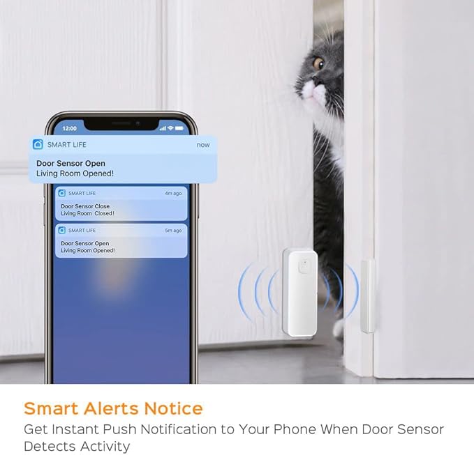 EVERSECU Tuya Smart WiFi Door Sensor Open/Close Detector App Notification Battery Operated, Compatible with Amazon Alexa, Google Assistant, No Need Hub (4pcs)
