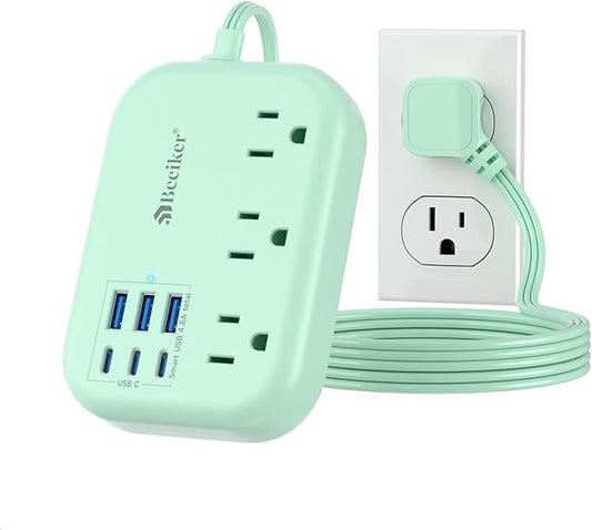 6 USB (3 USB C) Green Travel Power Strip, 5Ft Extension Cord, 3 Outlets