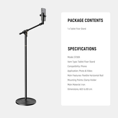 NEEWER BASICS Phone Floor Stand with Horizontal Extension Arm, Adjustable Bed Phone Holder Clamp Mount Compatible with iPhone 16 15 Pro Max Plus Samsung for Video Recording, Weighted Metal Base, ST009