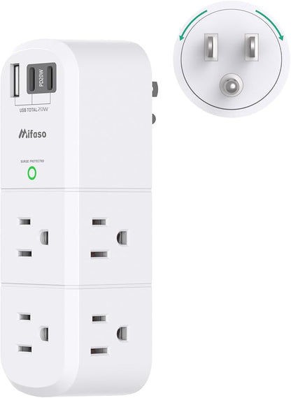 PD20W USB Outlet Extender Surge Protector - with Rotating Plug, 6 AC Multi Plug and 3 USB Ports (2 C), 3-Sided Swivel Power Strip Spaced Splitter for Home, Office, Travel