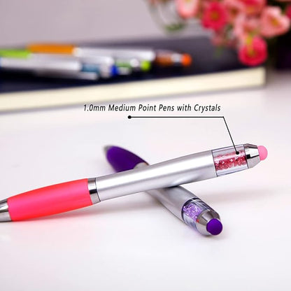 Stylus Pens 2-in-1 Ballpoint Pen 1.0mm Medium Point Pens with Crystals for Women Black Ink Pen with Stylus Ball Point Pen with Comfort Grip for The iPad, 5-Count