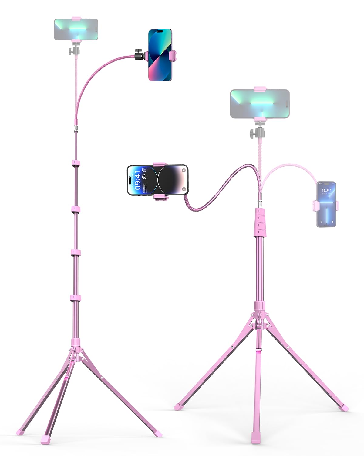 Aureday Phone Tripod, 92" Cell Phone Stand with 15" Gooseneck, Remote and Phone Holder, Overhead & Selfie Stick for Recording/Watching/Vlog, Compatible with iPhone Android, Pink