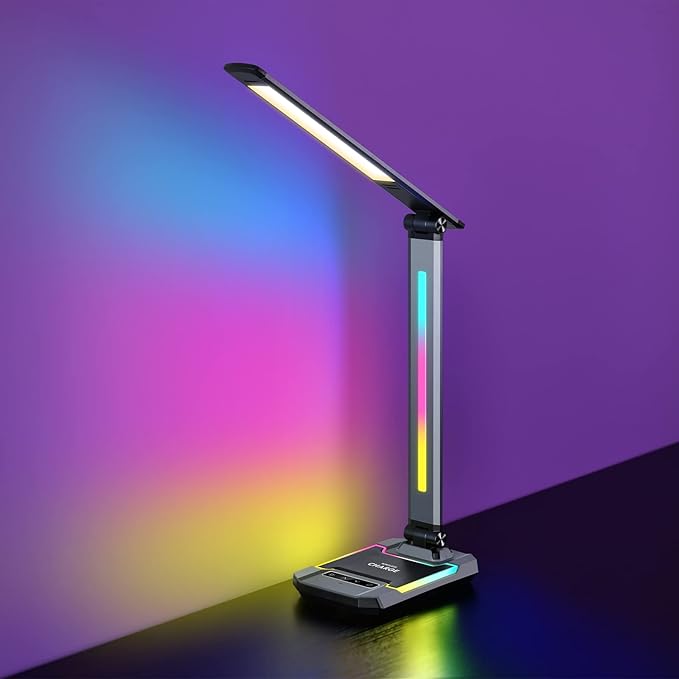 WILIT Gaming Desk Lamp,Music Sync Color Changing Rhythm Light with Wireless Charger and USB Charging Port, LED RGB Ambient Light, Aluminum Alloy Body Touch Table Lamp for PC, Room Decoration(Black)