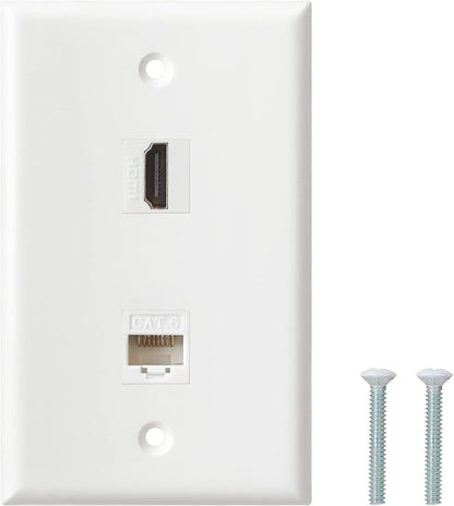 HDMI Ethernet Wall Plate - 1 Port 4K HDMI Keystone to Female, 1 Port CAT6 Keystone to Female - White