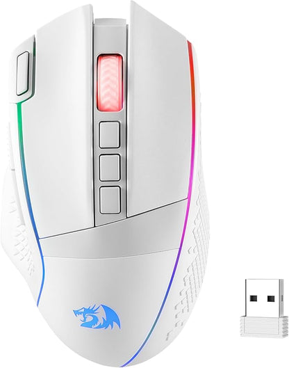 Redragon M991 Wireless Gaming Mouse, 26000 DPI 3-Mode Gamer Mice w/Rapid Fire Key, 9 Macro Buttons, Powerful Capacity and RGB Backlight for PC/Mac/Laptop, White