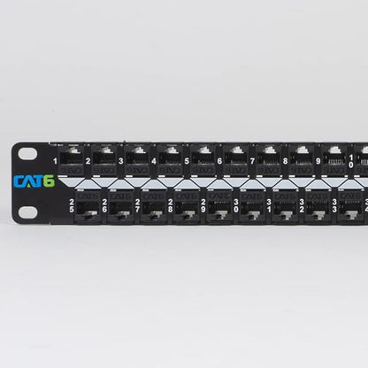 ICC CAT6 Feed-Through Patch Panel, 48 Port, 1U Rackmount, RJ45 Ethernet Patch Panel, No Punch Down, PoE++ and TAA Compliant, Black
