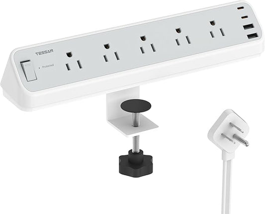 TESSAN Desk Clamp Power Strip 10 Ft with 2100J Surge Protector, Gray