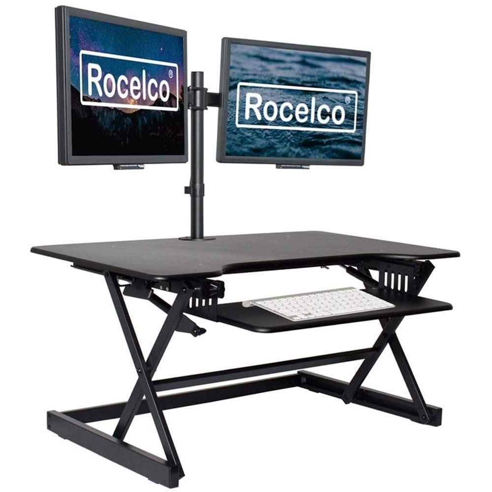 Rocelco 32" Height Adjustable Standing Desk Converter - Sit Stand Computer Workstation Riser - Dual Monitor Retractable Keyboard Tray Gas Spring Assist - Black (R EADRB2)