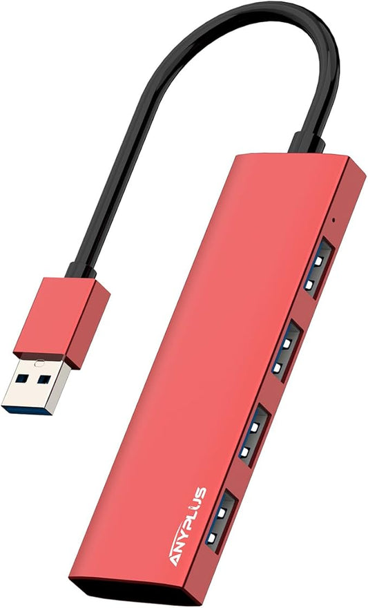 ANYPLUS USB Hub, USB 3.0 Hub Aluminum Alloy Ultra Slim USB Splitter, Portable 4 Port USB Extender, USB Hub for Laptop, PC, MacBook, iMac, Surface Pro, Mac Pro, Flash Drive, XPS 【Red】