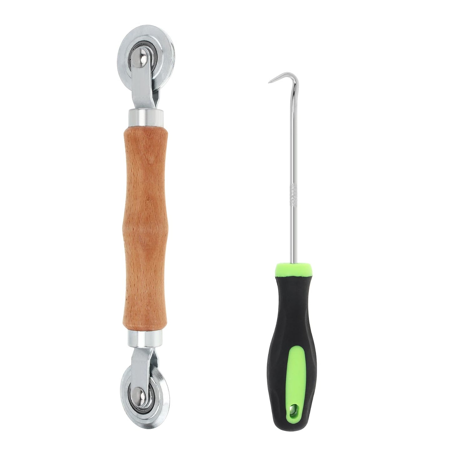 HOJLKLD Screen Repair Kit, Screen Roller Tool with Bearing Spline Roller Wooden Handle and Puller Hook for Installing Door Screen Window, 2 in 1 Screen Roller Tool Kit