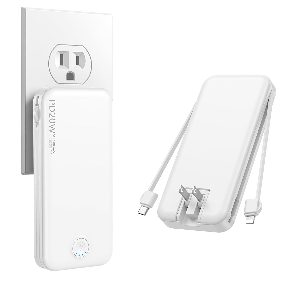 Nusyddy Portable Charger 10000mAh Fast Charging w/Built-in Wall Plug White