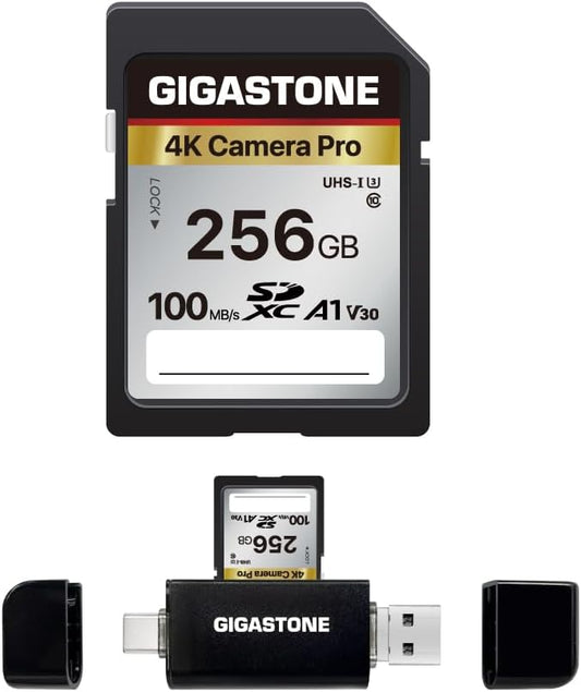 【5-Years Data Recovery】 GIGASTONE 256GB SD Card with USB Type C Card Reader, 4K Camera Pro, UHS-I A1 V30 U3 SDXC Memory Card Speed up to 100MB/s Compatible with Digital Camera, with 1 mini case