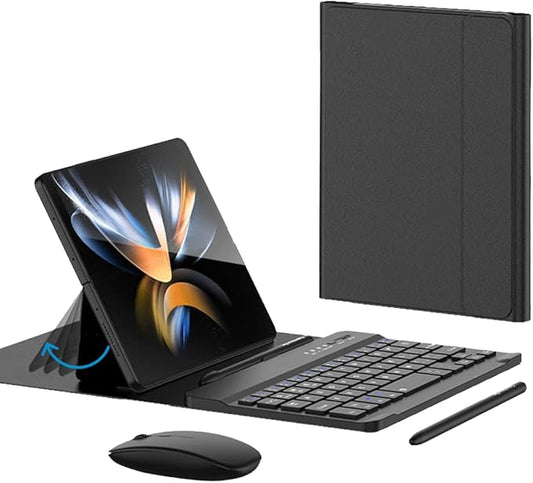voppton for Samsung Galaxy Z Fold 8 Ultra/8/7/6/5 Keyboard and Mouse, Portable Mini 7.9 inch Bluetooth Keyboard with Leather Stand Case and Pen, 4 in 1 Travel Set for Fold8 Wide 7 Accessories,Black