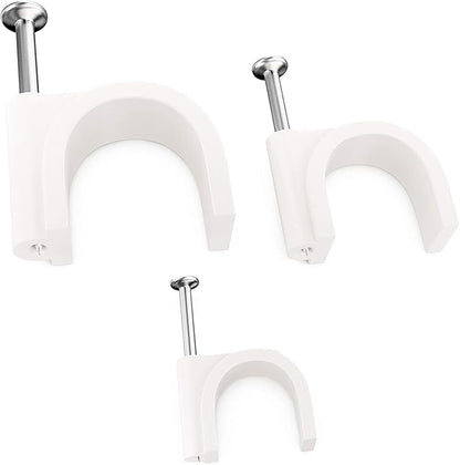 Pro-Grade, Cable Clips with Steel Nails 5mm, 7mm, 9mm Wire Holders and Tacks 100 Per Size. Durable, Easy Install, UV Resistant Plastic Clips to Organize Coax, Ethernet, Cat5, Cat6 and Other Cords.