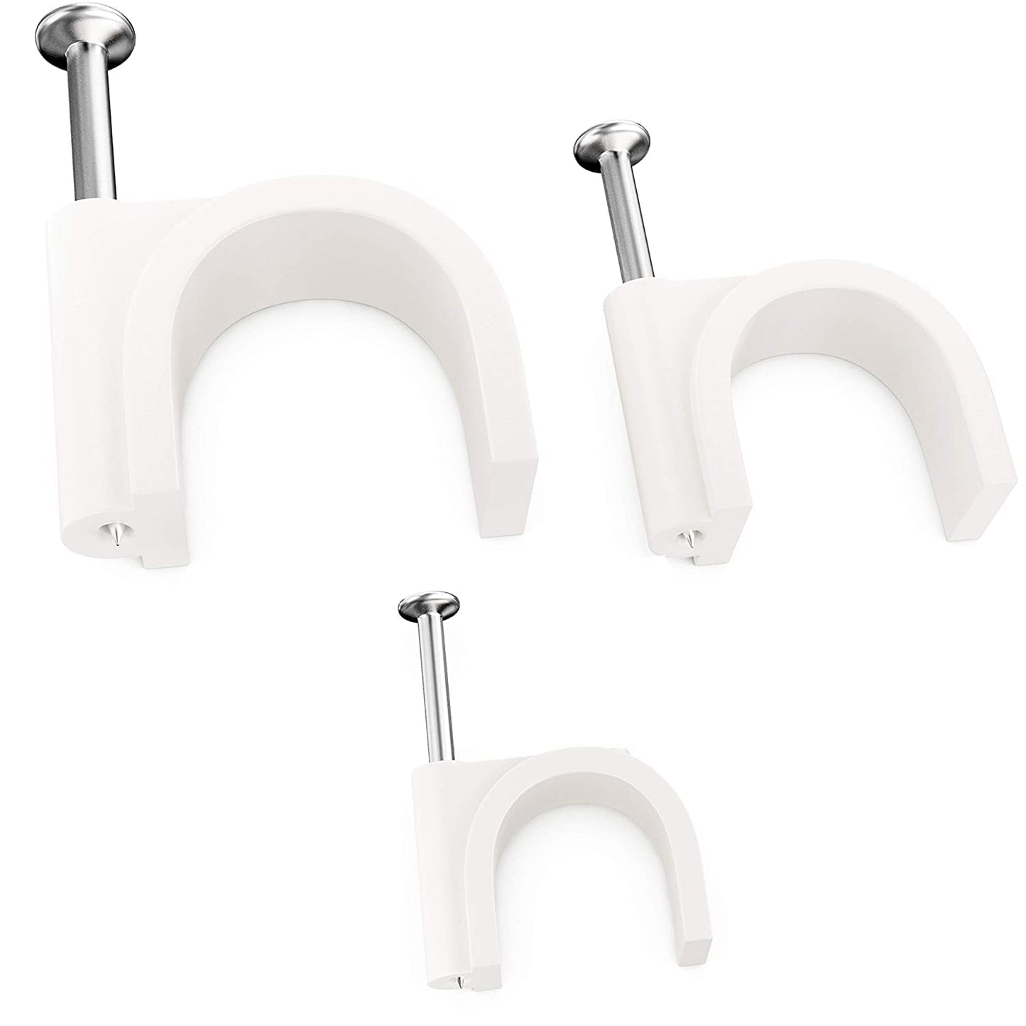 Pro-Grade, Cable Clips with Steel Nails 5mm, 7mm, 9mm Wire Holders and Tacks 100 Per Size. Durable, Easy Install, UV Resistant Plastic Clips to Organize Coax, Ethernet, Cat5, Cat6 and Other Cords.