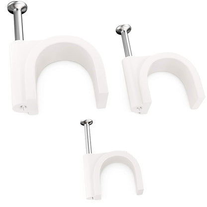 Pro-Grade, Cable Clips with Steel Nails 5mm, 7mm, 9mm Wire Holders and Tacks 100 Per Size. Durable, Easy Install, UV Resistant Plastic Clips to Organize Coax, Ethernet, Cat5, Cat6 and Other Cords.