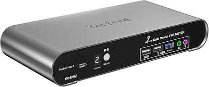 2 Computers 2 HDMI Monitor Automatic KVM Switch 8K@60Hz, Hotkey Switching, EDID, Support 5.1/7.1 Audio and Microphone, Aluminum Shell with Digital Display, USB 3.0 Hub, HDR10 with Cables