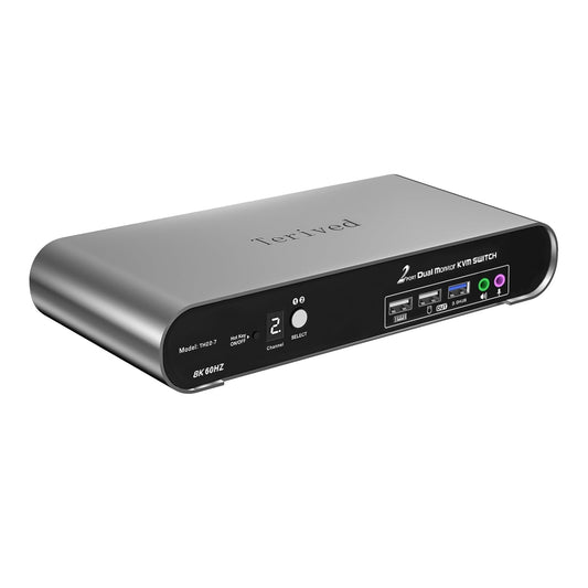 Terived 2 Computers 2 HDMI Monitor Automatic KVM Switch 8K@60Hz, Hotkey Switching, EDID, Support 5.1/7.1 Audio and Microphone, Aluminum Shell with Digital Display, USB 3.0 Hub, HDR10 with Cables