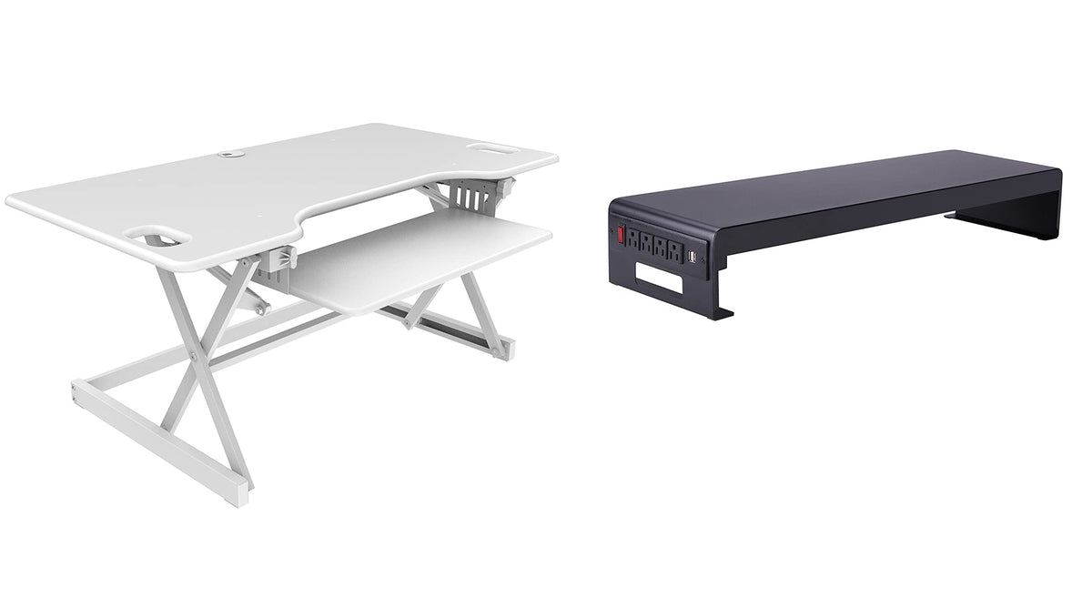 Rocelco 32" Height Adjustable Standing Desk Converter - Sit Stand Computer Workstation Riser - Dual Monitor Retractable Keyboard Tray Gas Spring Assist - Black (R EADRB2)