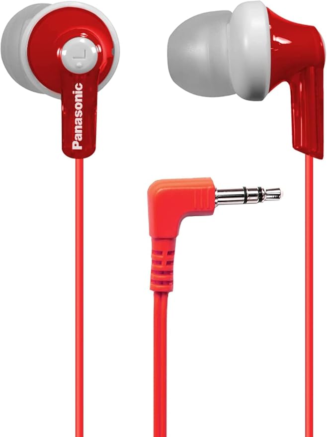 Panasonic ErgoFit Wired Earbuds, 3.5mm Jack In-Ear Headphones Wired with Dynamic Crystal-Clear Sound and Ultra Soft Ergonomic Custom-Fit Earpieces (S/M/L), for Phones and Laptops - RP-HJE120-R (Red)