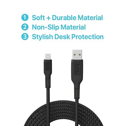BLACK+DECKER Lightning to USB Cable - Fast Compatible iPhone Lightning Cable - Durable Braided iPhone Charger Cord - for Travel and Daily Use - Multiple Color + Length Options - 6ft