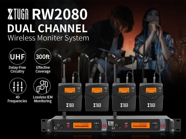 XTUGA RW2080 Wireless in Ear Monitor System 4 Bodypacks UHF IEM System, Dual Channel Mono Design Stage Monitors Earphone with 40 Frequencies, 300Ft for Band, Studio or Musicians, 902-928mhz