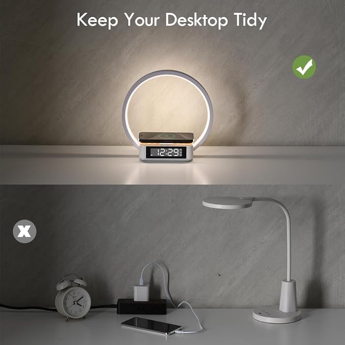 Alarm Clock,Table Lamp with Wireless Charging,Touch Bedside Lamp with 3 Brightness Levels,Snooze,Sunrize Wake-Up Light,Idea Gifts for Women,Men,Teens,Adults