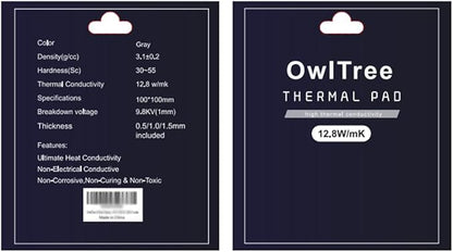 OwlTree 3 Pack Thermal Pads, 100x100mm, 0.5mm, 1mm, 1.5mm, Highly Efficient Thermal Conductivity 12.8W/mK, Heat Resistant Silicone Grease for Laptop Heatsink, CPU, GPU, SSD, IC, LED Cooler