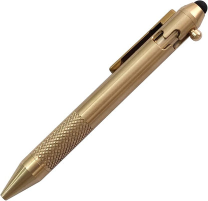 Cool Hand 4.9'' Brass Bolt Action Pen with Retractable Stylus Tip for Any Touch Screen, Ballpoint Ink Refillable, Compact Size, Skelton Out Deep Pocket Clip (Brass)