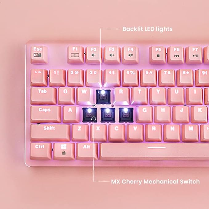 i-rocks K75M Illuminated Mechanical Keyboard, 104 Keys, PBT Keycaps, Backlit LED Light and Shortcut Keys - Programmable Light & Macro Recorder (Cherry MX Red Switch, Pink)