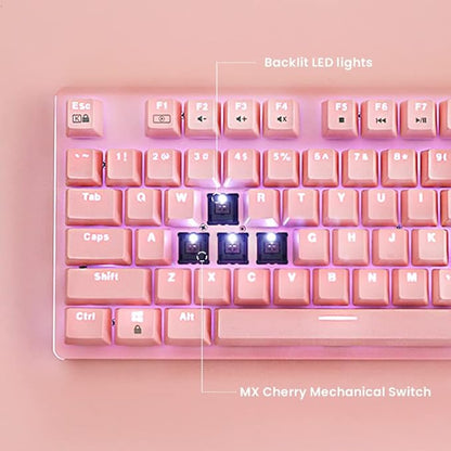 i-rocks K75M Illuminated Mechanical Keyboard, 104 Keys, PBT Keycaps, Backlit LED Light and Shortcut Keys - Programmable Light & Macro Recorder (Cherry MX Red Switch, Pink)