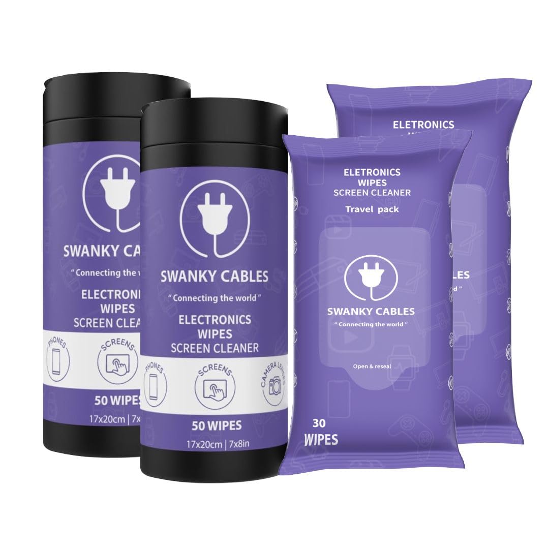 Swanky Cables Electronic Cleaning Wipes - Computer, TV, Monitor, Phone, Laptop, Tablet, Keyboard, Camera & Lens Cleaner, Portable Tech Screen Cleaner - With Microfiber Cloth - Canister, 150 Count