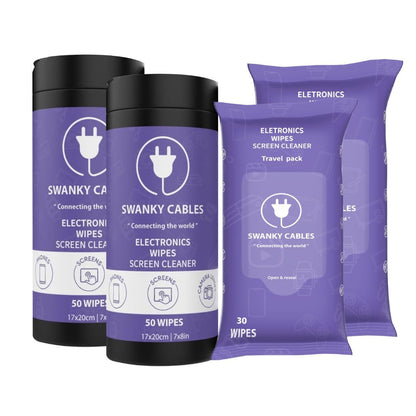 Swanky Cables Electronic Cleaning Wipes - Computer, TV, Monitor, Phone, Laptop, Tablet, Keyboard, Camera & Lens Cleaner, Portable Tech Screen Cleaner - With Microfiber Cloth - Canister, 150 Count