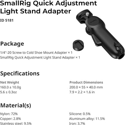 SmallRig Quick Adjustment Light Stand Adapter, One-Button 180° Pitch Adjustment, 3kg Load Capacity, for COB Video Light/Camera/Phone Clips, for On-Camera Flash, 5181