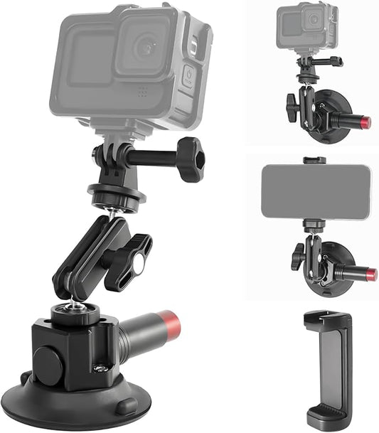 CNC Machined 3in Camera Suction Cup Mount with Adjustable Magic Arm, 1/4" ARRI Holes Quick Release Car Mount with Phone Holder & Action Camera Adapter Compatible with DJI OSMO Pocket 3 Insta360 iPhone