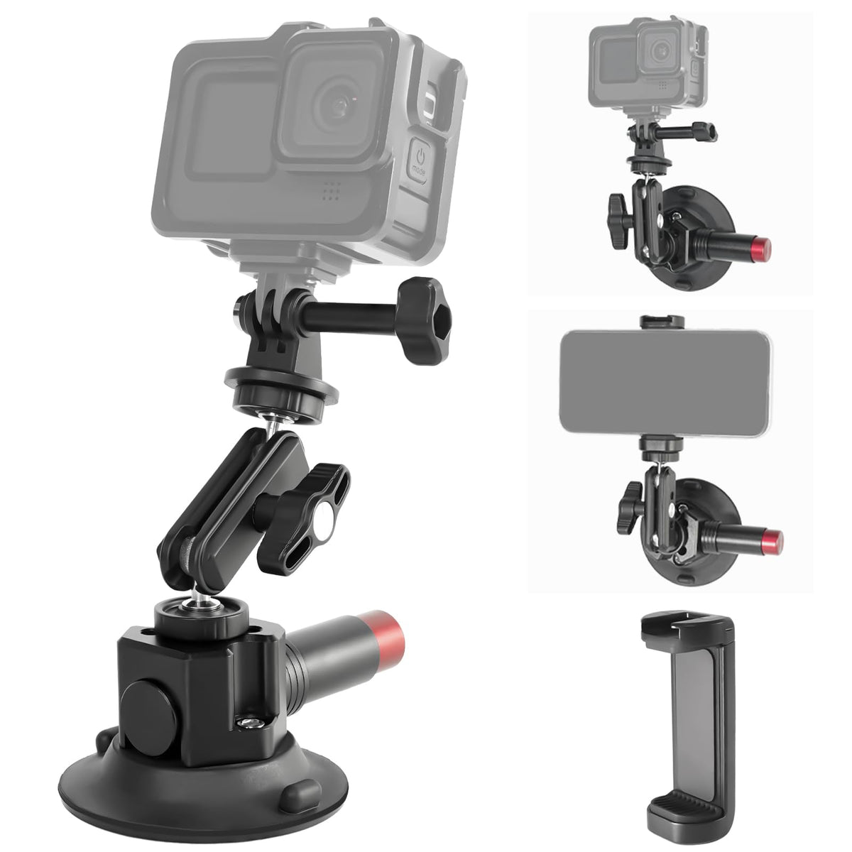 CNC Machined 3in Camera Suction Cup Mount with Adjustable Magic Arm, 1/4" ARRI Holes Quick Release Car Mount with Phone Holder & Action Camera Adapter Compatible with DJI OSMO Pocket 3 Insta360 iPhone