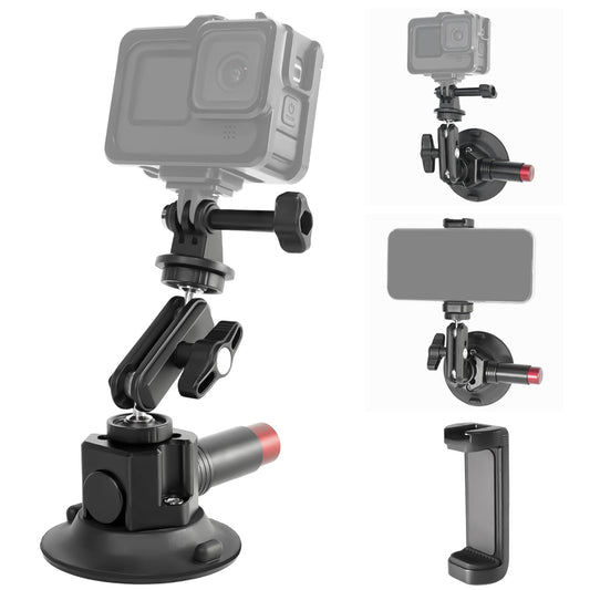 CNC Machined 3in Camera Suction Cup Mount with Adjustable Magic Arm, 1/4" ARRI Holes Quick Release Car Mount with Phone Holder & Action Camera Adapter Compatible with DJI OSMO Pocket 3 Insta360 iPhone