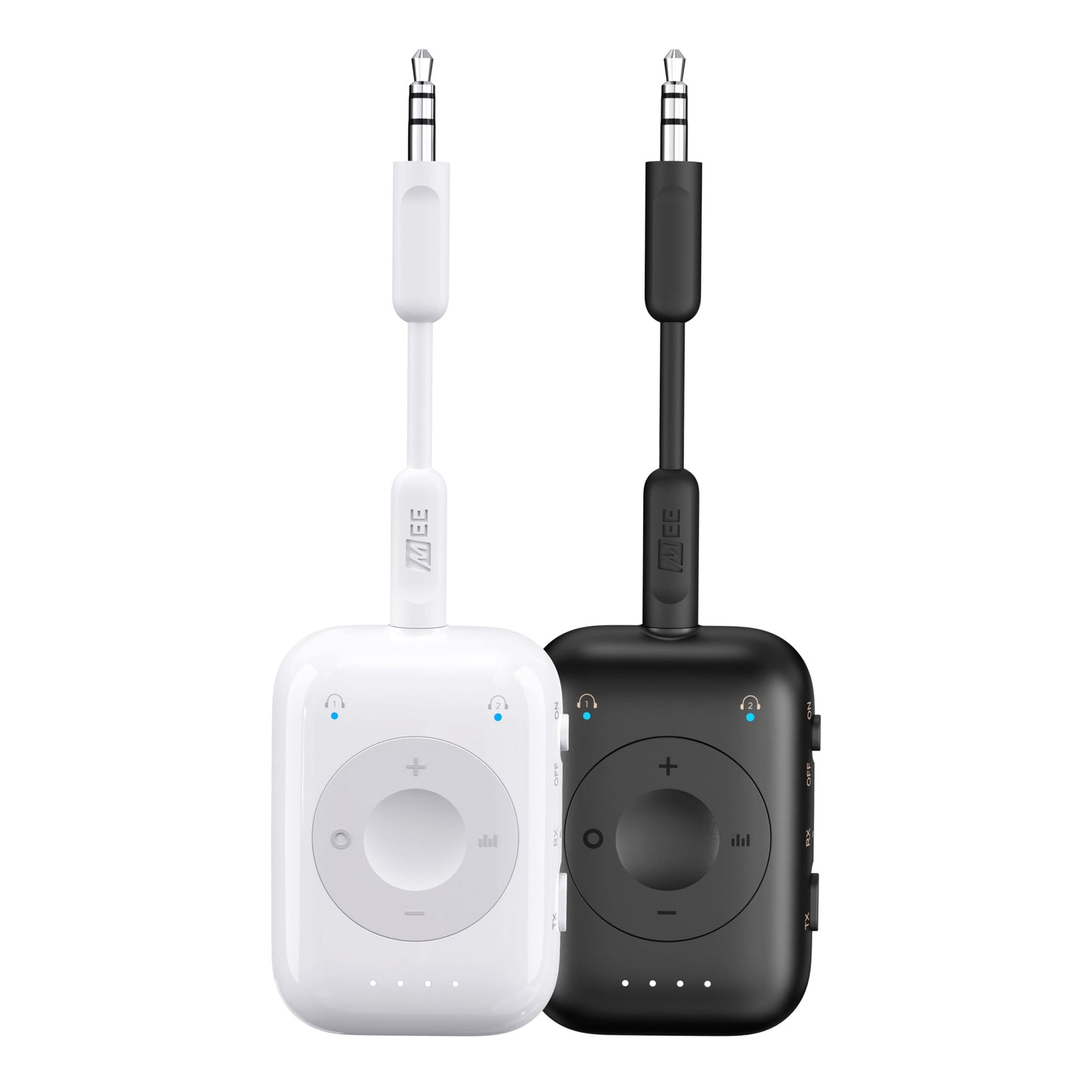 MEE audio Connect Air Pro (2 PACK) Bluetooth Wireless Audio Transmitter & Receiver for AirPods or Bluetooth Headphones, 2-in-1 Adapter with Detachable Cable for 3.5mm devices on Airplanes, Black&White