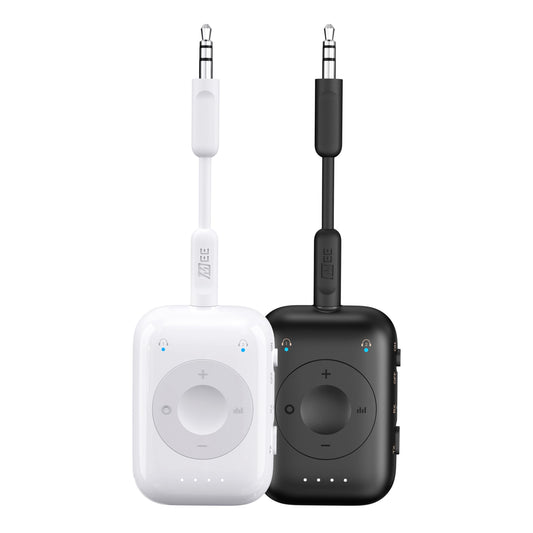 MEE audio Connect Air Pro (2 PACK) Bluetooth Wireless Audio Transmitter & Receiver for AirPods or Bluetooth Headphones, 2-in-1 Adapter with Detachable Cable for 3.5mm devices on Airplanes, Black&White