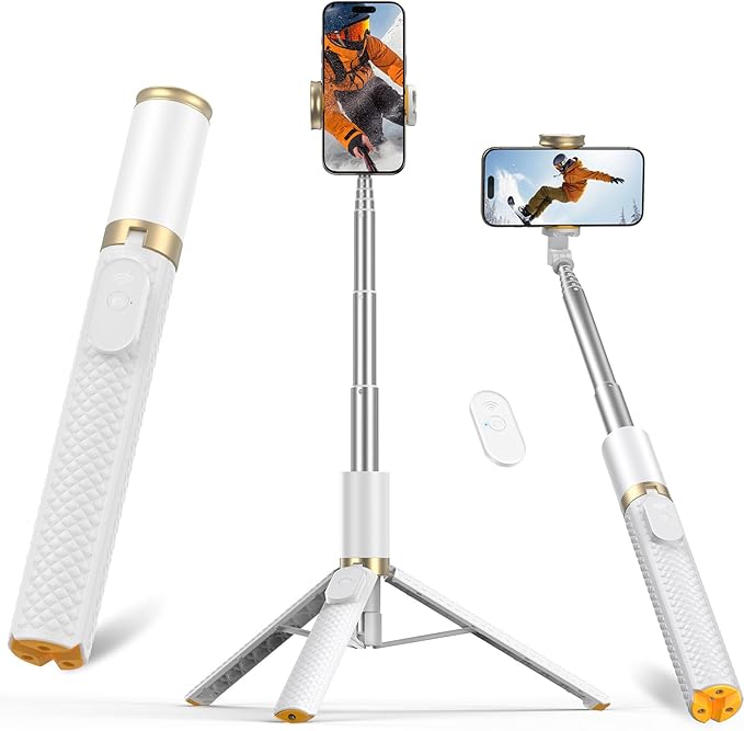 Phone Tripod & Selfie Stick with Remote, Portable Travel Phone Stand for Video Recording Vlog, Extendable Cell Phone Holder Compatible with iPhone Android, White, 62"