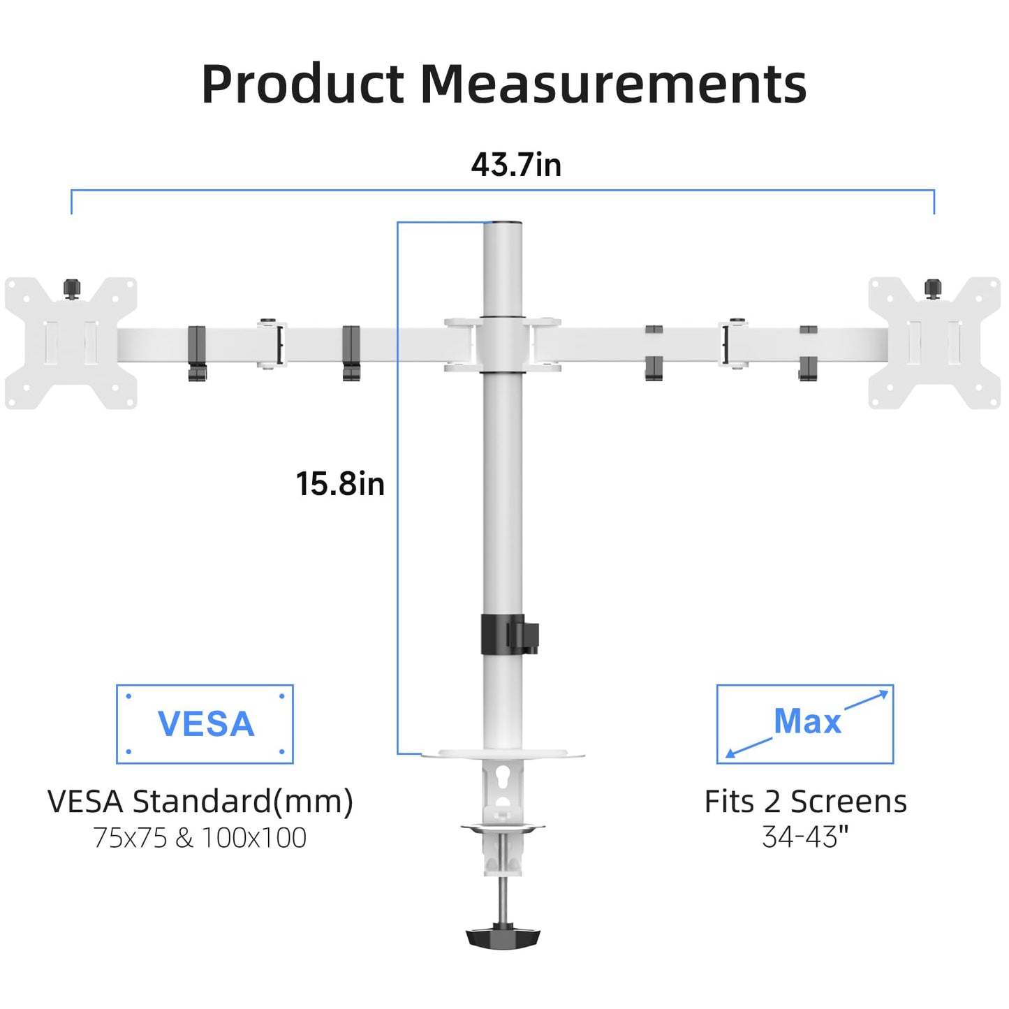 Suptek Dual Monitor Desk Mount, Adjustable Dual Monitor Arm for 2 Monitor Screens up to 43 inch, 15.75" Pole Monitor Stand for Desk, Holds up to 22 lbs,White(MD9442LW)