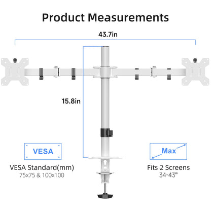 Suptek Dual Monitor Desk Mount, Adjustable Dual Monitor Arm for 2 Monitor Screens up to 43 inch, 15.75" Pole Monitor Stand for Desk, Holds up to 22 lbs,White(MD9442LW)
