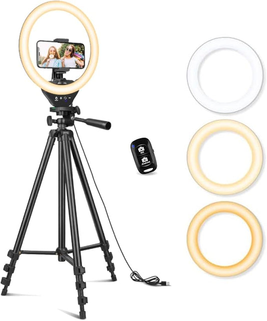 Sensyne Ring Light with Stand, 50" Phone Tripod for iPhone & Android, LED Ring Light with Remote, 3 Color Modes & 10 Brightness Levels for TikTok, Zoom & Video Recording