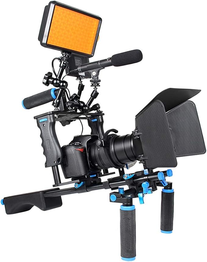 Shoulder Rig Stabilizer Kit, Aluminum Alloy Camera Stabilizer Cage with Top Handle Follow Focus Rods Shoulder Rig 1/4 3/8 Screw