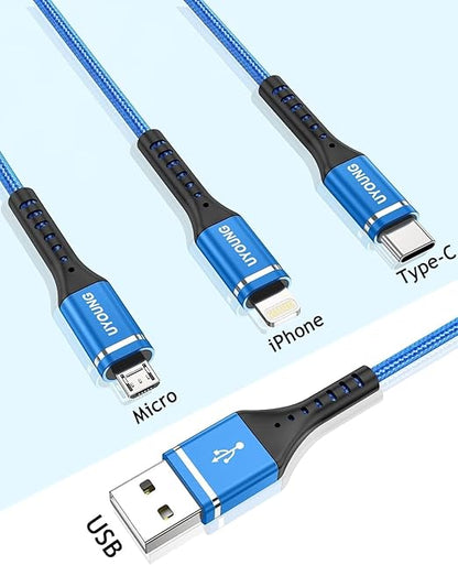 Multi Charging Cable 2Pack 4FT, 3 in 1 Charger Cable Braided Universal Phone Charging Cord with Lightning/Type C/Micro USB Ends, Multiple USB Cable for iPhone/Samsung/Google Cell Phones and More
