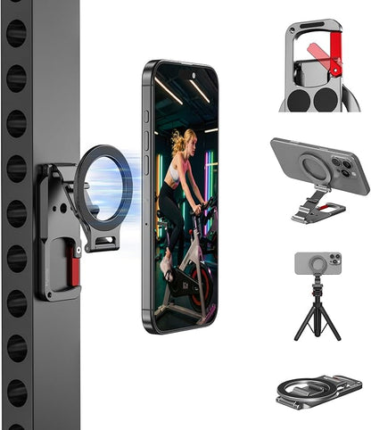 Magnetic Phone Mount for MagSafe, Maglock Tripod Adapter Magnet Golf Gym Workout Stand Metal Carabiner Holder with 1/4 Screw Hole, for iPhone 16 15 14 13 12 Series Foldable Portable Accessories