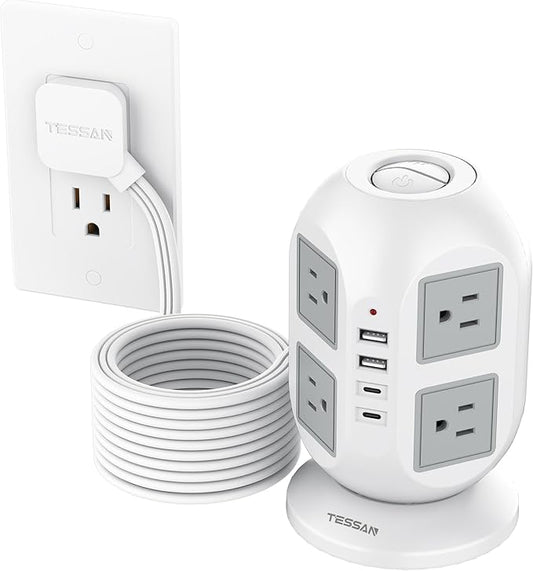 TESSAN Tower Surge Protector Power Strip, 10 ft Long Flat Extension Cord
