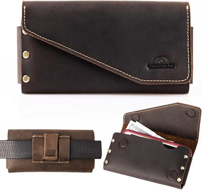 Topstache Leather Phone Holster with Belt Clip for Galaxy S23,iPhone 14,14 Pro,Leather Belt Pouch for Universal Smartphone with Otterbox Case,Flip Cellphone Pouch,L,Darkbrown