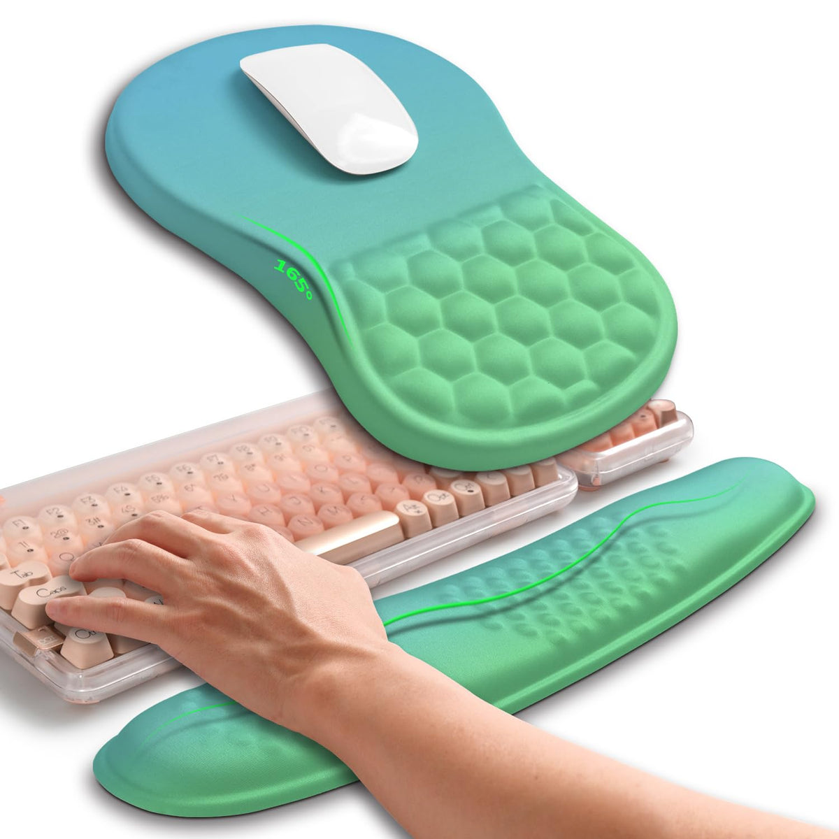 Hokafenle 2in1 Combination, Wave Keyboard Wrist Rest and Ergonomic Curvature Mouse Pad Wrist Support for Relieve Wrist Pain, Filled with Soft Cushion Memory Foam, Golden Pink Marble